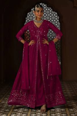 Pink embroidery and sequins chinon anarkali palazzo - free size stitched(size upto 42") 1