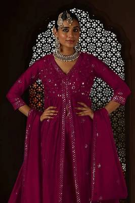 Pink embroidery and sequins chinon anarkali palazzo - free size stitched(size upto 42") 2