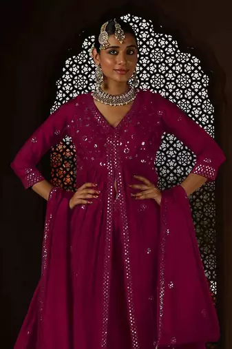 Pink embroidery and sequins chinon anarkali palazzo - free size stitched(size upto 42")