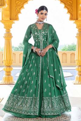 Green embroidery and sequins chinon anarkali  - free size stitched(size upto 42") 1