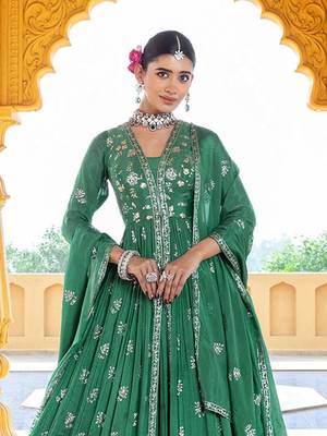 Green embroidery and sequins chinon anarkali  - free size stitched(size upto 42") 2