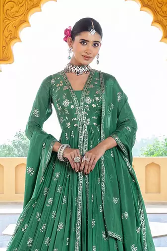 Green embroidery and sequins chinon anarkali  - free size stitched(size upto 42")