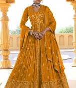 Mustard embroidery and sequins chinon anarkali  - free size stitched(size upto 42")