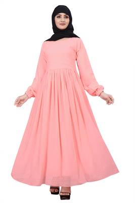Peach Georgette Plain Flared Abaya Set 1