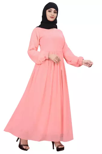 Peach Georgette Plain Flared Abaya Set