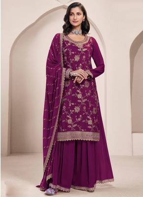 Violet chinon silk embroidered sharara suit 1