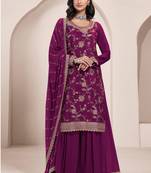 Violet chinon silk embroidered sharara suit