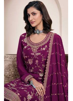 Violet chinon silk embroidered sharara suit 2