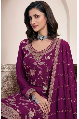 Violet chinon silk embroidered sharara suit