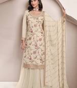 Cream chinon silk embroidered sharara suit