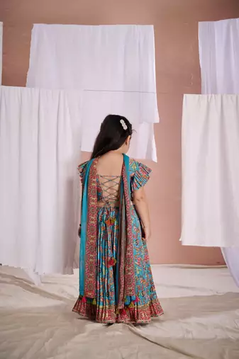 Blue floral print  kalamkari sharara set