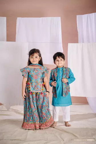 Blue floral print  kalamkari sharara set