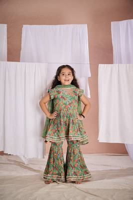 Green floral print  fish sharara set 1