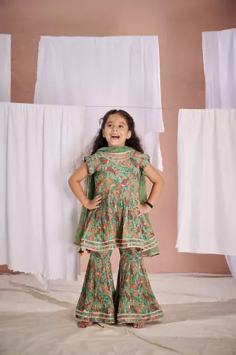 Green floral print  fish sharara set