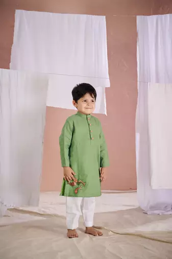 Green embroidered fish patch kurta