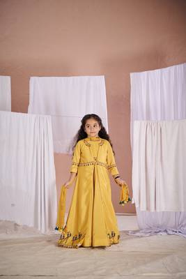 Yellow embroidered parrot anarkali jacket 1