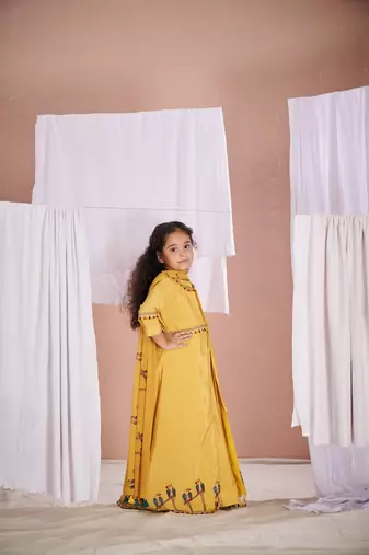 Yellow embroidered parrot anarkali jacket