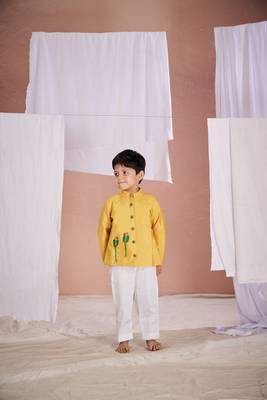 Yellow embroidered parrot bandhgala set 1