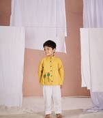 Yellow embroidered parrot bandhgala set