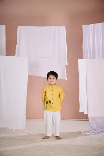 Yellow embroidered parrot bandhgala set