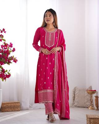 Beautiful Pure Chinon Silk Fabric Straight Fit Kurta With Dupatta Trousers 1