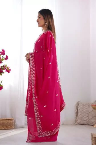 Beautiful Pure Chinon Silk Fabric Straight Fit Kurta With Dupatta Trousers