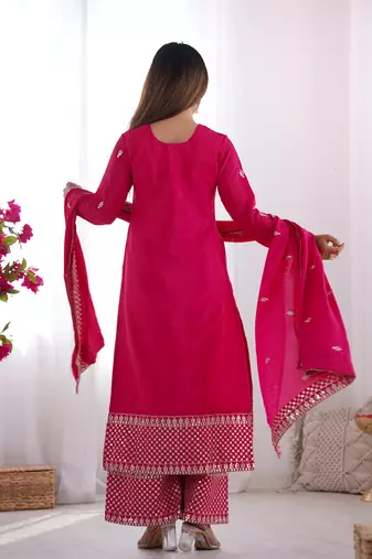 Beautiful Pure Chinon Silk Fabric Straight Fit Kurta With Dupatta Trousers