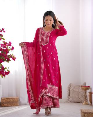 Beautiful Pure Chinon Silk Fabric Straight Fit Kurta With Dupatta Trousers 4