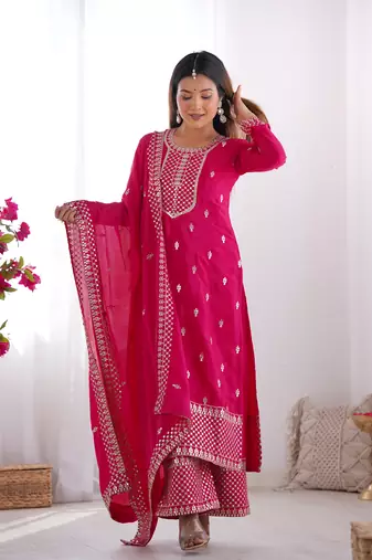 Beautiful Pure Chinon Silk Fabric Straight Fit Kurta With Dupatta Trousers