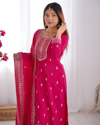 Beautiful Pure Chinon Silk Fabric Straight Fit Kurta With Dupatta Trousers 5