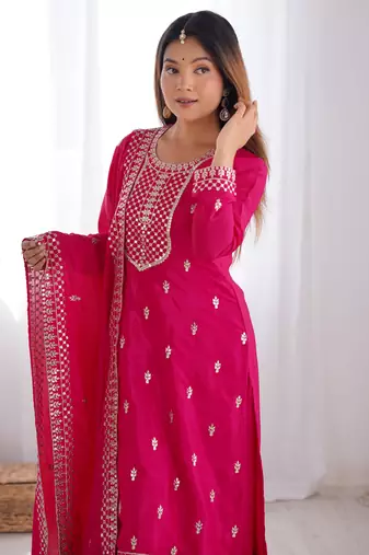 Beautiful Pure Chinon Silk Fabric Straight Fit Kurta With Dupatta Trousers