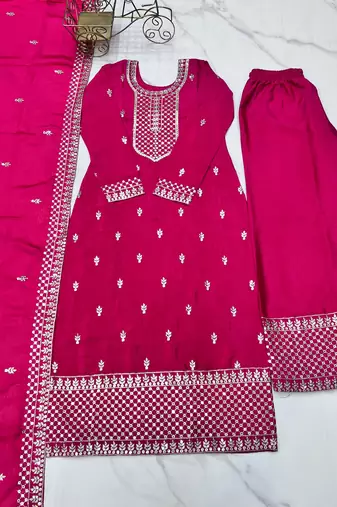 Beautiful Pure Chinon Silk Fabric Straight Fit Kurta With Dupatta Trousers