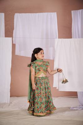 Green floral print  fish kalamkari lehenga 1