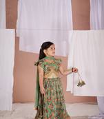 Green floral print  fish kalamkari lehenga