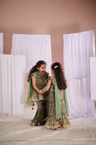 Green floral print  fish kalamkari lehenga