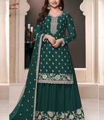  Prachi Desai Dark green chinon silk embroidered palazzo suit