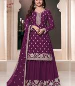  Prachi Desai Violet chinon silk embroidered palazzo suit