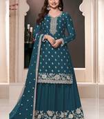  Prachi DesaiAqua blue chinon silk embroidered Palazzo suit