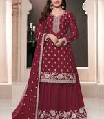  Prachi Desai Maroon chinon silk embroidered palazzo suit