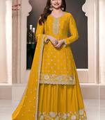  Prachi Desai Yellow chinon silk embroidered palazzo suit