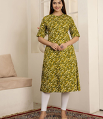 Fashion petals cotton printed a-line mandarin collar kurta