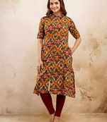 Fashion petals .ethnic motifs printed pure cotton mandarin collar a-line kurta