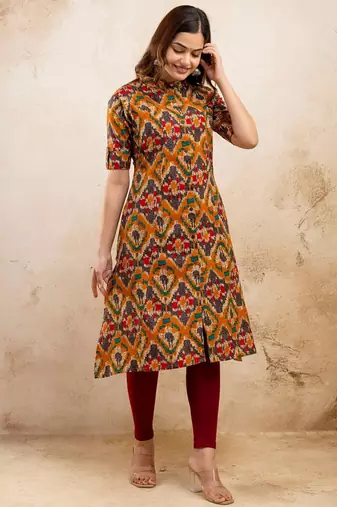  .ethnic motifs printed pure cotton mandarin collar a-line kurta