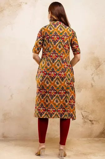  .ethnic motifs printed pure cotton mandarin collar a-line kurta
