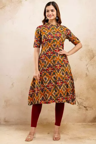  .ethnic motifs printed pure cotton mandarin collar a-line kurta