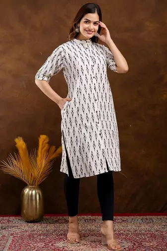  floral printed pure cotton mandarin collar a-line kurta
