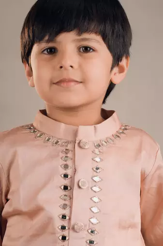 Peach mirror work bird kurta