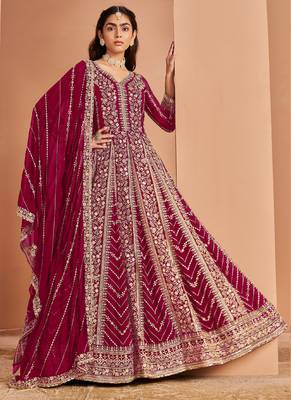 Maroon faux georgette embroidered anarkali suit 1