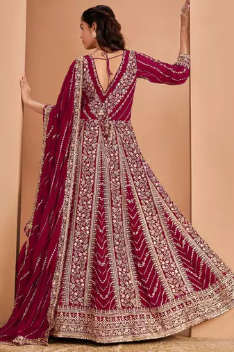 Maroon faux georgette embroidered anarkali suit