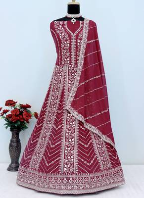 Maroon faux georgette embroidered anarkali suit 3